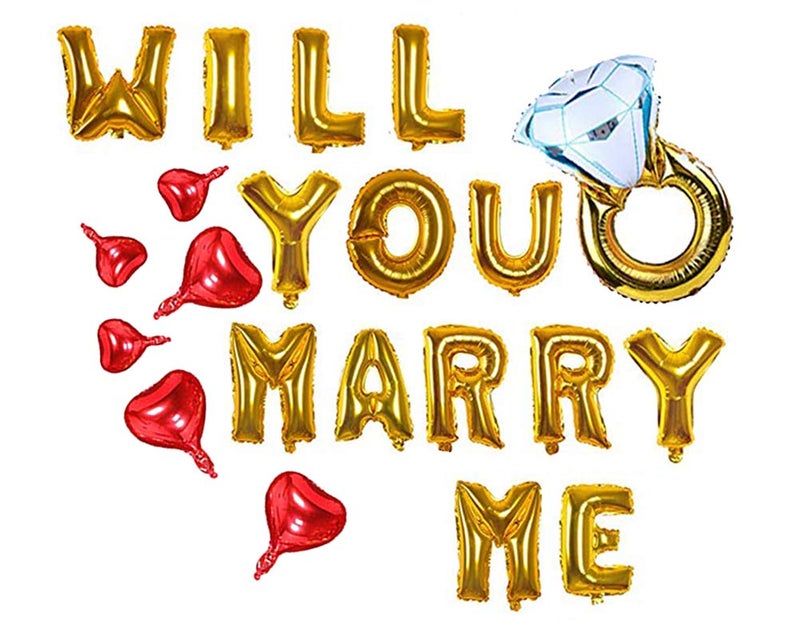 AnnoDeel Will You Marry Me Letter Balloons Banner, 16inch Gold Letter Foil Balloons Red Heart Mylar Balloons for Love Wedding Party Decorations - Image 1